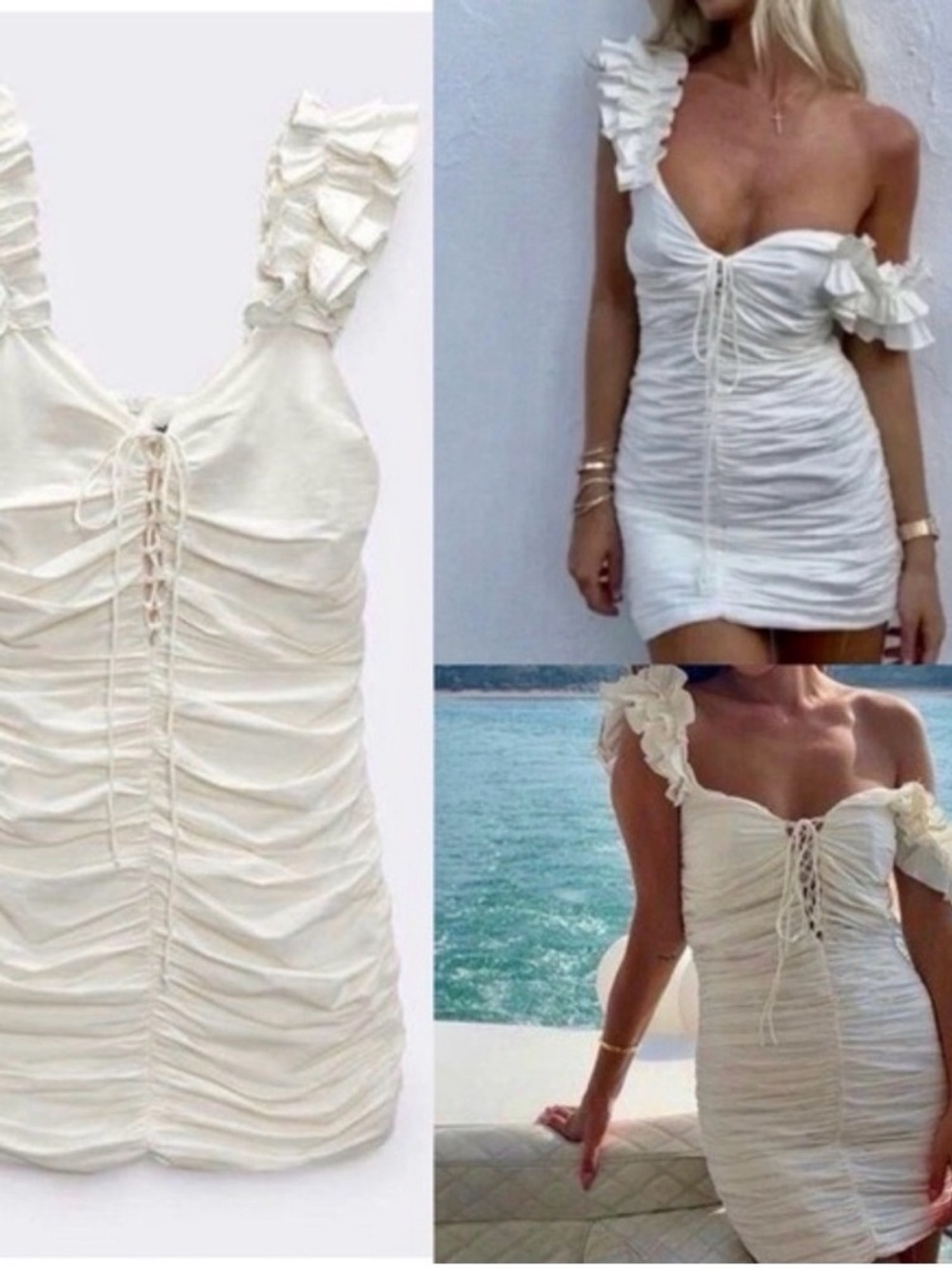 Zara white ruffle sleeve linen blend mini ruched dress lace up tie blogger fave